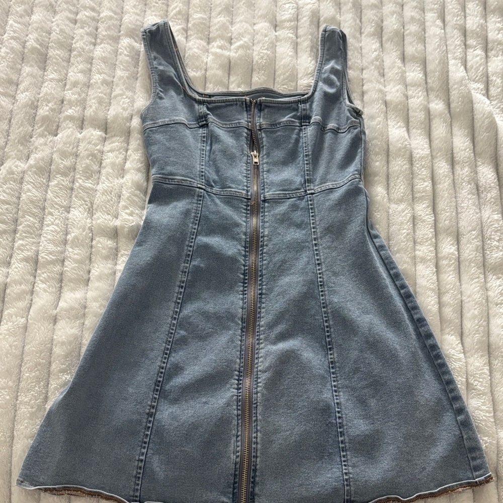 Light Wash Denim Zip-Front Mini Dress